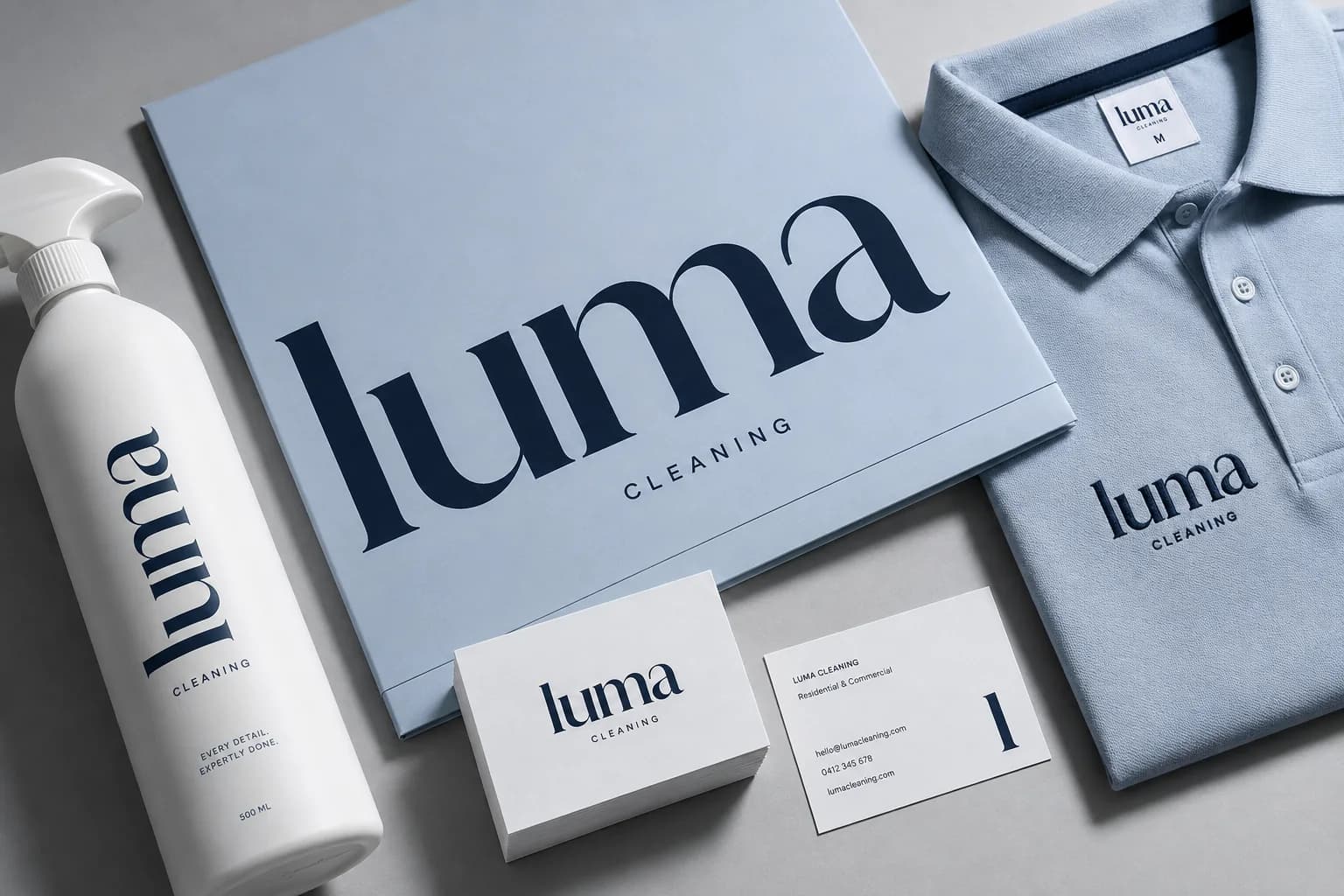 Limpeza · Identidade visual e aplicações — conceito ilustrativo de marca fictícia