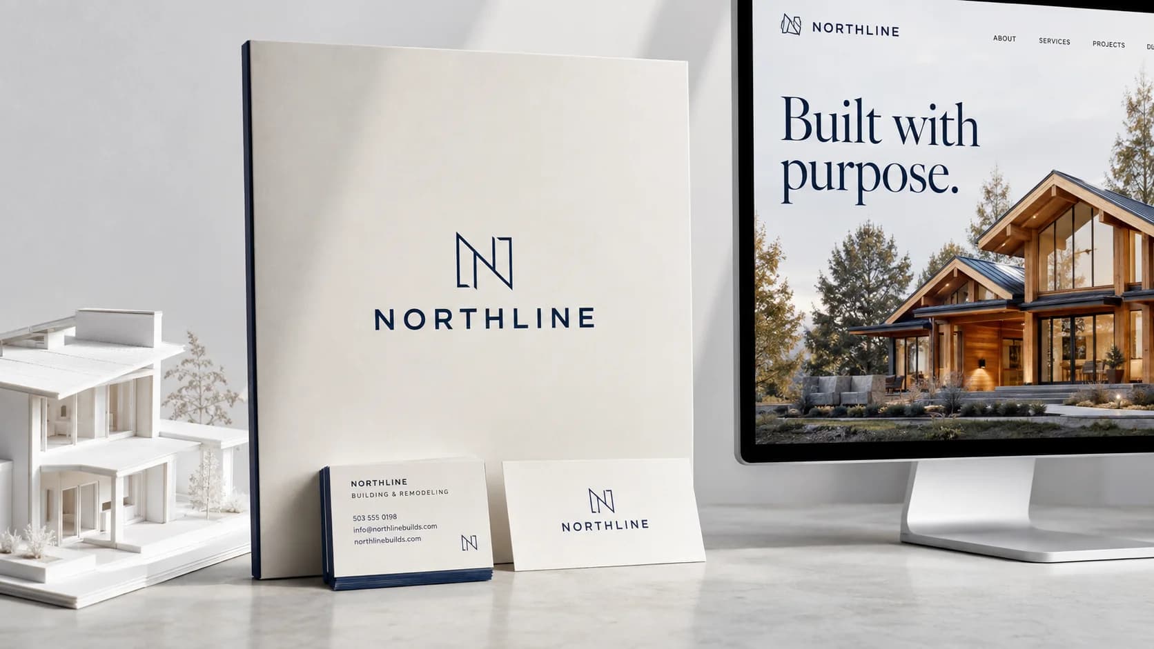 Apresentação de identidade visual, papelaria e website para o conceito Northline